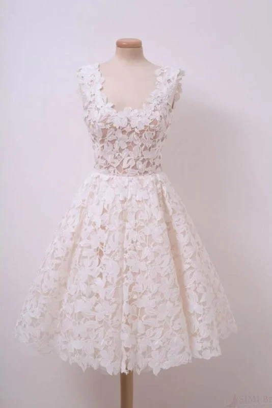 elegant formal evening dress-Ivory Lace Knee Length Homecoming Dresses A Line Scoop Sleeveless Graduation Dress