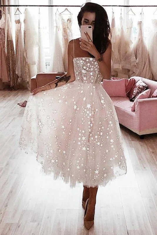 illusion neckline evening dress-Ivory Spaghetti Strap Tea Length Starry Tulle Homecoming Party Dress