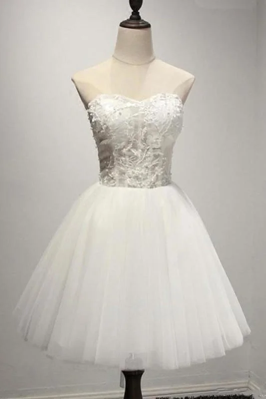 sequined formal evening dress-Ivory Strapless Mini Tulle Prom Dresses A Line Sweetheart Appliqued Short Homecoming Dress