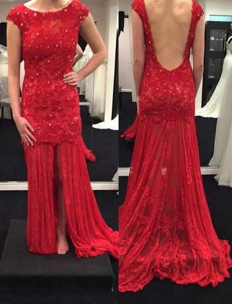 floor-length evening dress-Lace Red Long Prom Dresses with Appliques