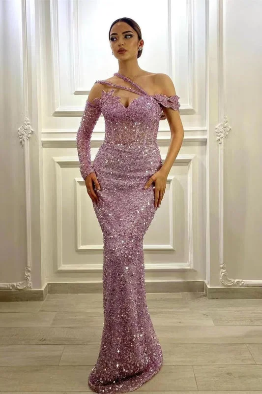 classic black evening dress-Lavender Gorgeous Long Sleeve Sequined Mermaid Prom Dress