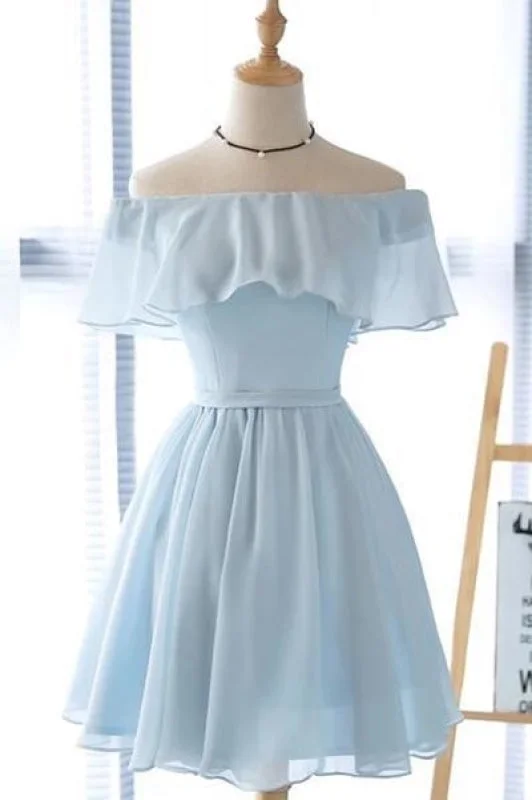 elegant evening dress with train-Light Blue Off the Shoulder Chiffon Homecoming Cute Short Graduation Dress