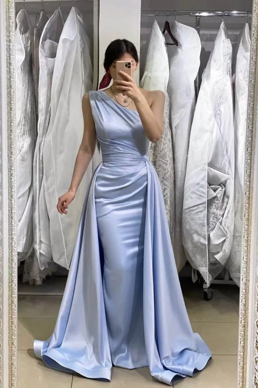 high-low evening dress-Light Blue One-Shoulder Sleeveless Long Mermaid Prom Dress with Detachable Skirt