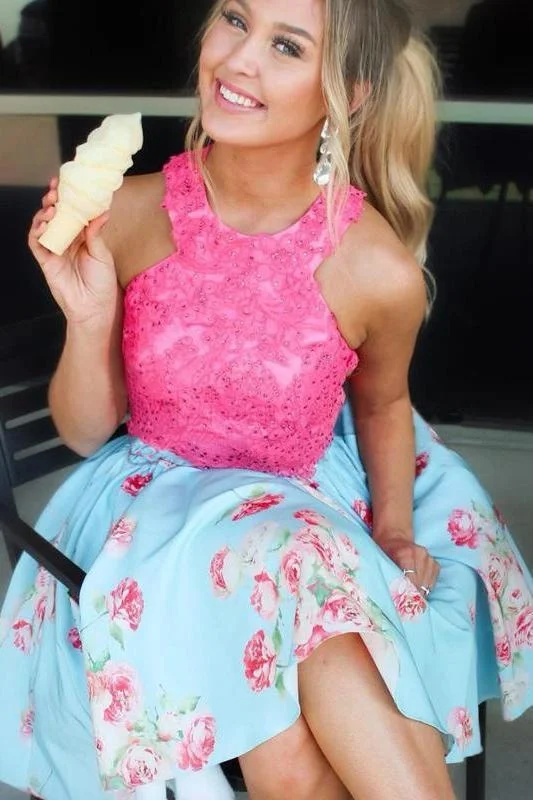 high slit evening dress-Light Blue Short Homecoming Dress with Hot Pink Lace Top Knee Length Prom Gown