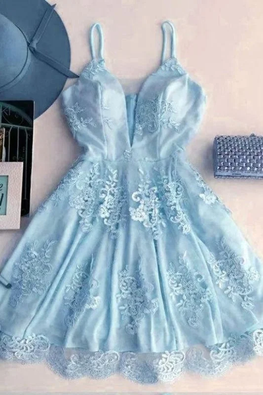 elegant velvet evening gown-Light Blue Spaghetti Strap Lace Appliqued Short Homecoming Dresses Sexy Mini Prom Dress