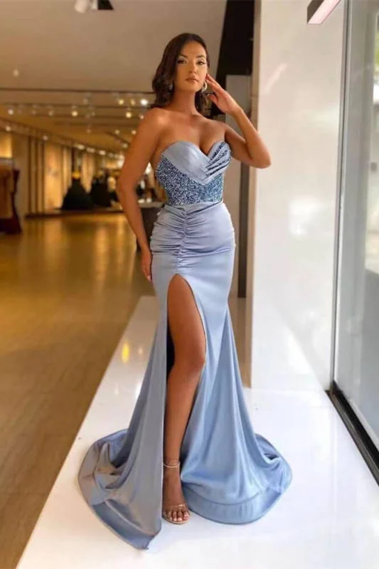 elegant long sleeve evening gown-Light Blue Sweetheart Sequined Mermaid Prom Dress with Split