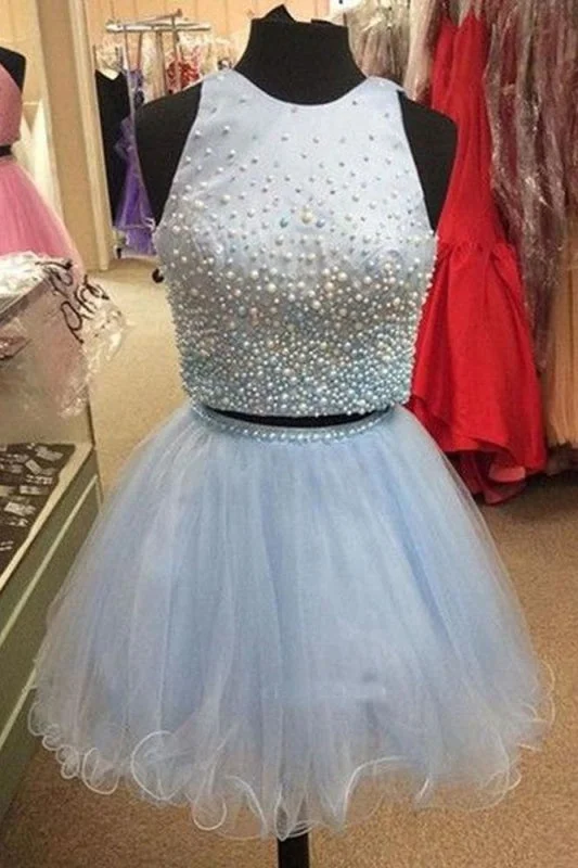 evening dress with crystals-Light Blue Two Piece Homecoming with Beading Cute Tulle Short Party Dress