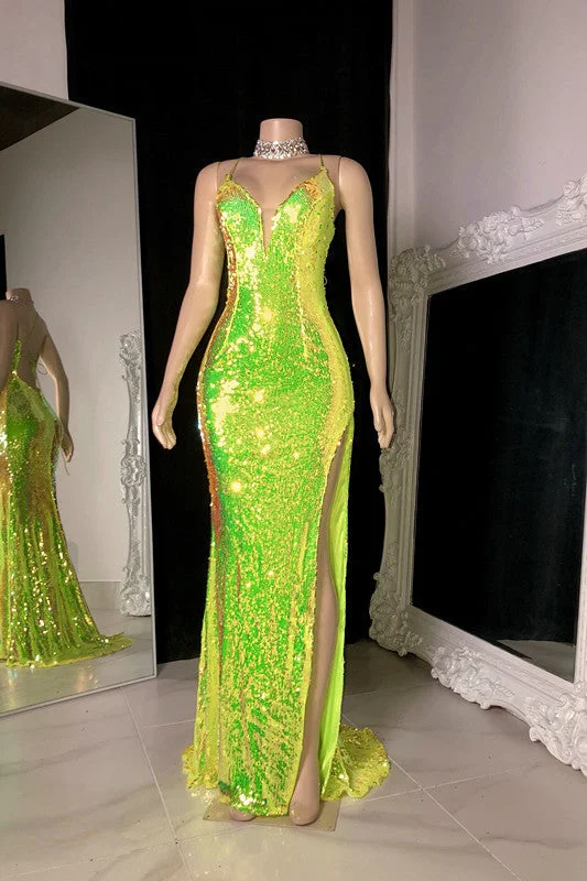 cap sleeve evening dress-Light Green Sleeveless V-Neck Sequined Prom Dress with Halter and Slit