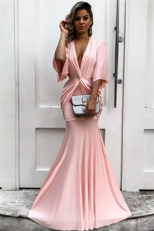 fishtail evening dress-Light Pink Half Sleeve Mermaid Long Prom Dress