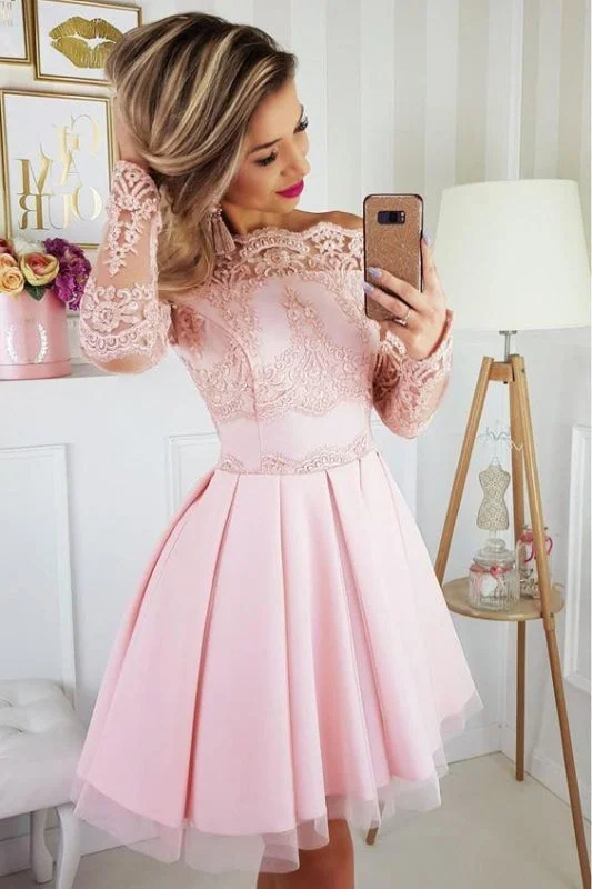 cap sleeve evening dress-Light Pink Off the Shoulder Long Sleeves Short Homecoming Dress with Lace Appliques