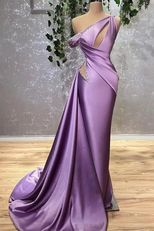 backless evening dress-Lilac Off-the-Shoulder Sleeveless Mermaid Prom Dress with Rhinestones