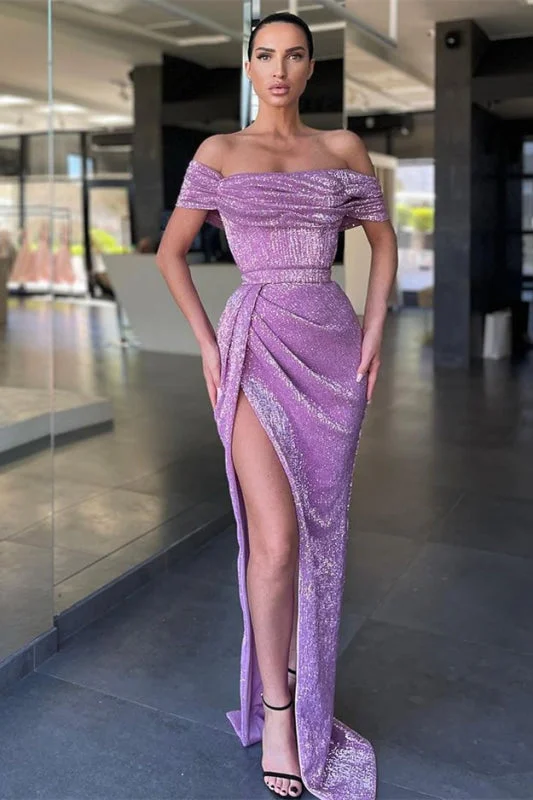 elegant formal evening dress-Lilac Off-The-Shoulder Split Mermaid Prom Dress with Sequins