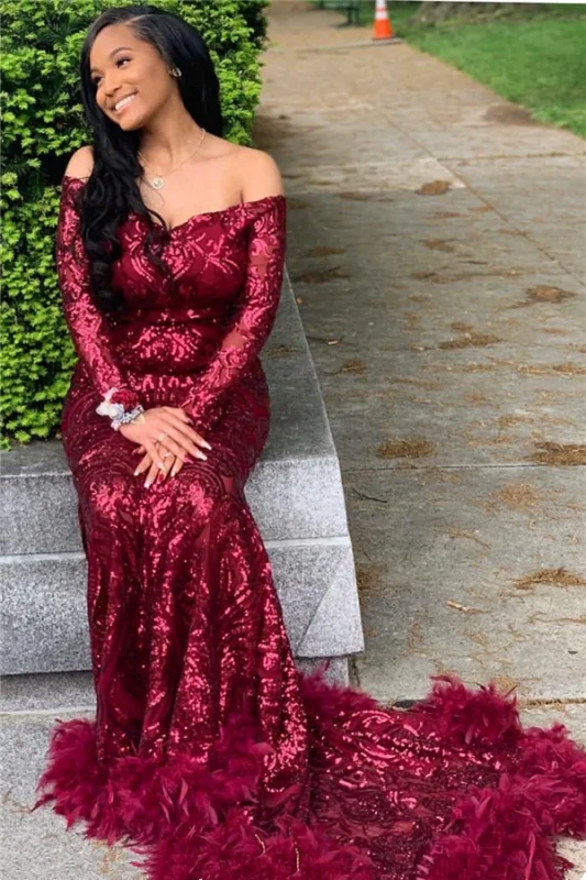 shimmering evening dress-Long Sleeve Burgundy Sequined Mermaid Prom Dress with Feathers