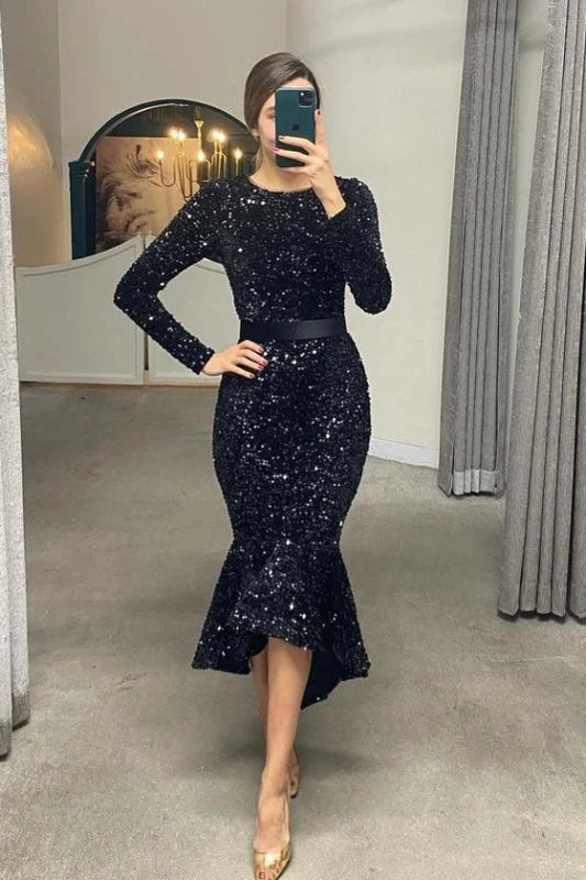 scalloped hem evening dress-Long Sleeve Sequined Mermaid Prom Dress with Belt