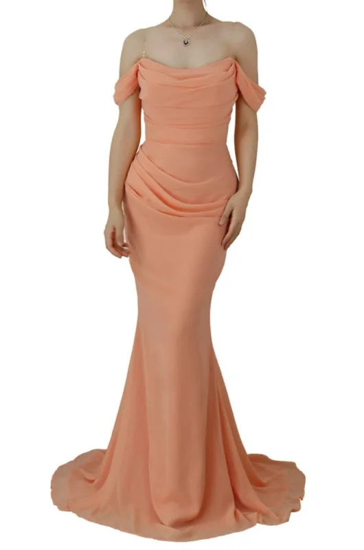 evening dress with crystals-Lotus Root Pink Off-the-Shoulder Mermaid Long Prom Dress