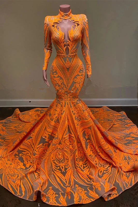 elegant evening gown with beads-Mermaid Prom Dress Orange Long Sleeves Sequins Lace