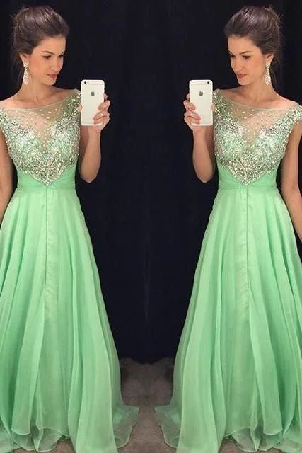 evening gown with sheer overlay-Mint Green Long Prom Dresses with Rhinestones