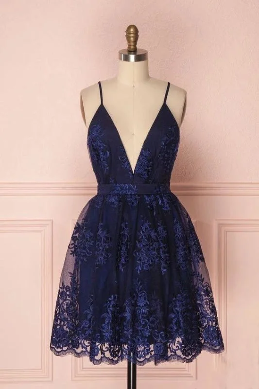 classic black evening dress-Navy Blue Deep V Neck Spaghetti Straps Homecoming Short Lace Prom Dresses