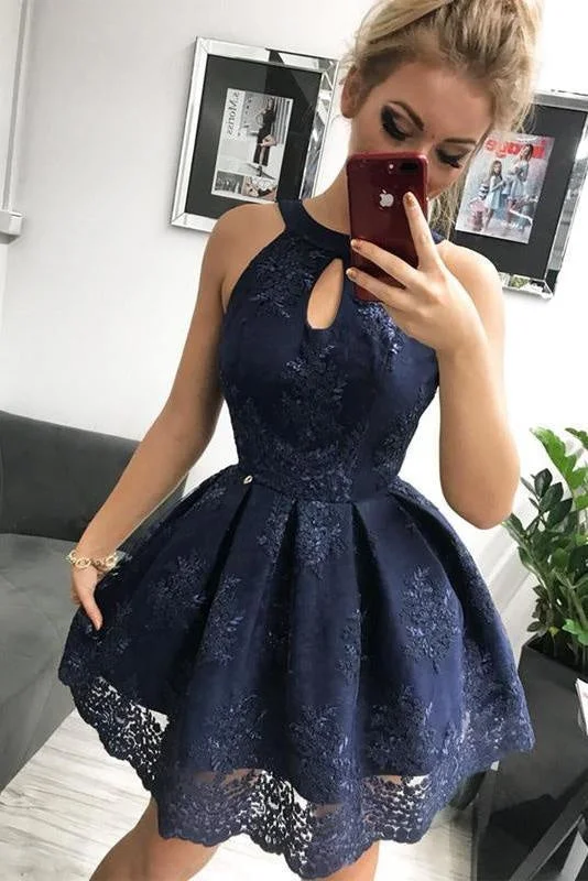 high neck formal evening dress-Navy Blue Lace Homecoming Simple Sleeveless Short Party Dresses Prom Dress