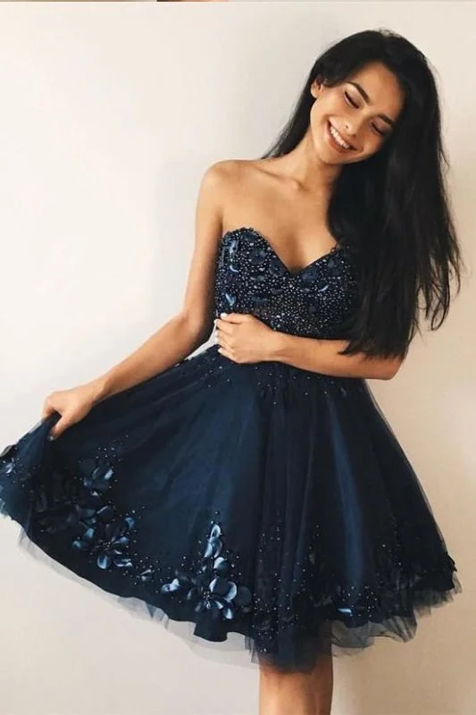 elegant ball gown evening dress-Navy Blue Sweetheart Beading Prom with Appliques Knee Length Tulle Homecoming Dress