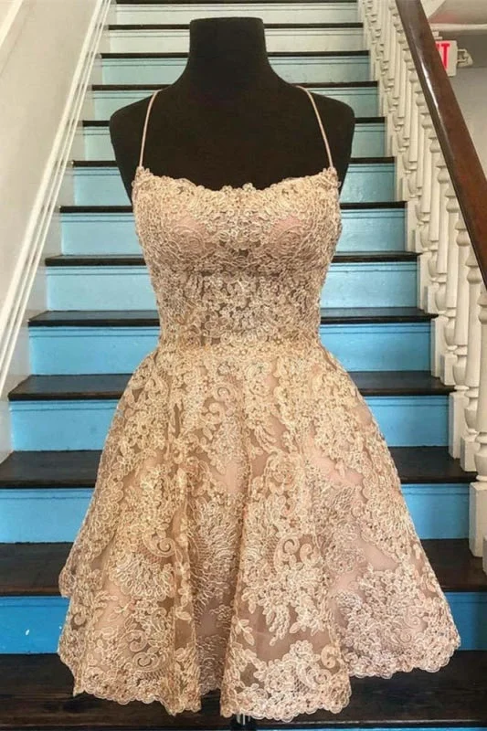 evening dress with side slit-Newest Spaghetti Straps Homecoming Sexy Lace Short Prom Dresses