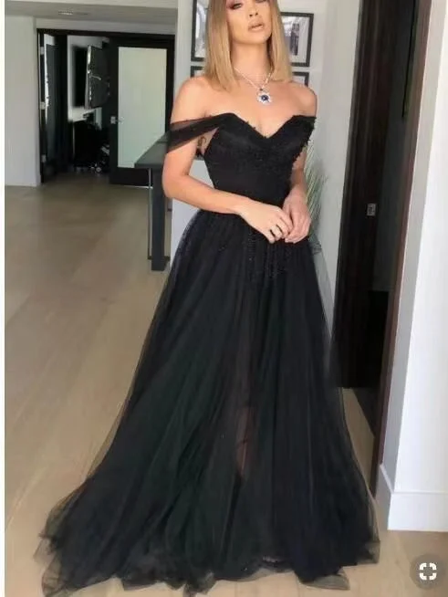 cap sleeve evening dress-Off Shoulder Black Prom Dresses with Appliques