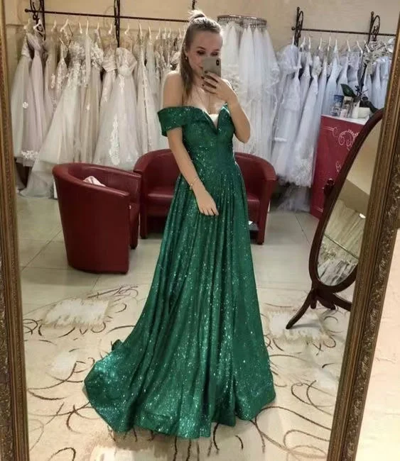 elegant evening dress with sleeves-Off Shoulder Green Prom Dresses Sequins