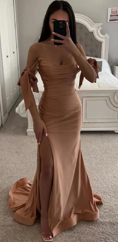 strapless evening dress-Off Shoulder Prom Dresses Slit