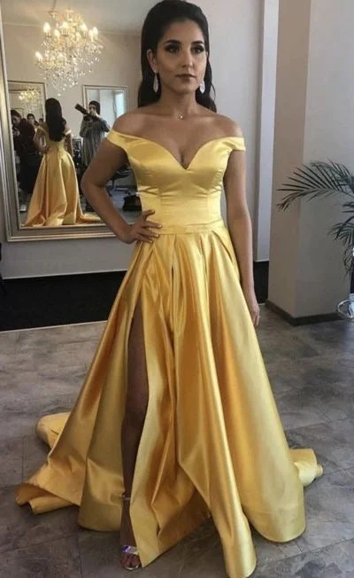 ruched evening dress-Off the Shoulder Gold Slit Side Prom Dresses