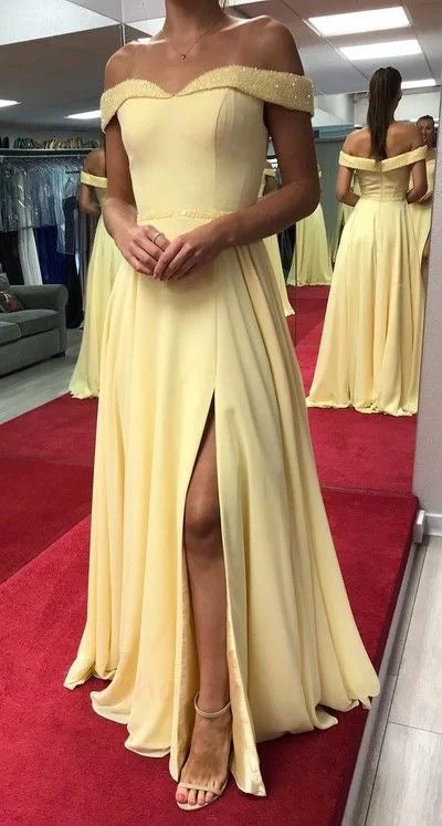 fishtail evening dress-Off the Shoulder Light Yellow Prom Dresses with Silt Side