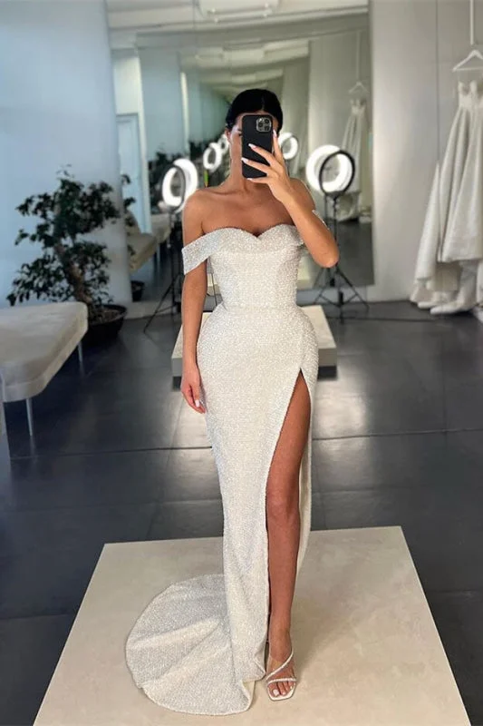 elegant formal evening dress-Off-the-Shoulder Mermaid Sequins Prom Dress With Split in White