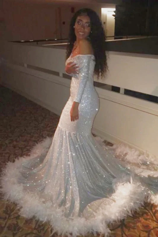 beaded evening dress-Off-the-Shoulder Sequins Mermaid Long Prom Dress With Feather & Long Sleeves