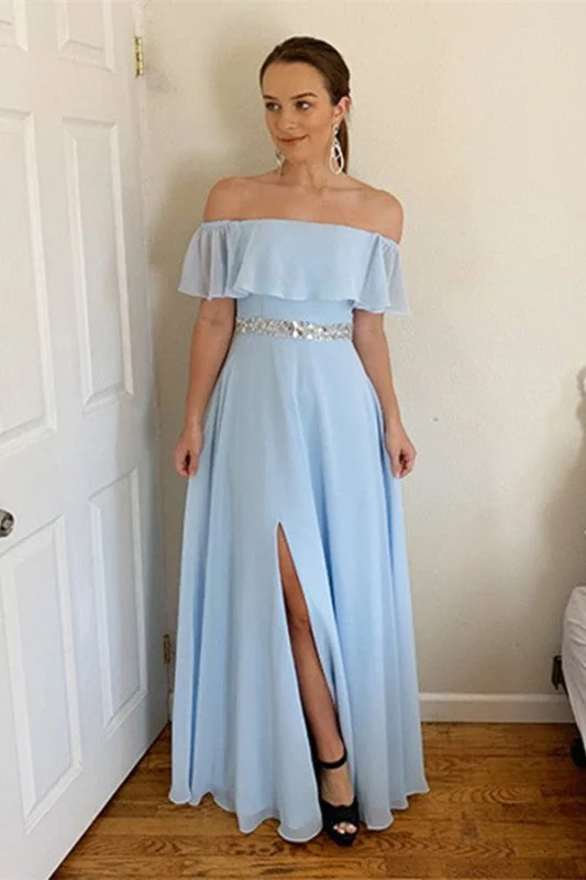 evening dress for prom-Off-the-Shoulder Sky Blue Prom Dress with Split