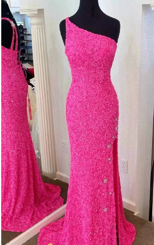 high slit evening dress-One Shoulder Fuchsia Prom Dresses with Beaded