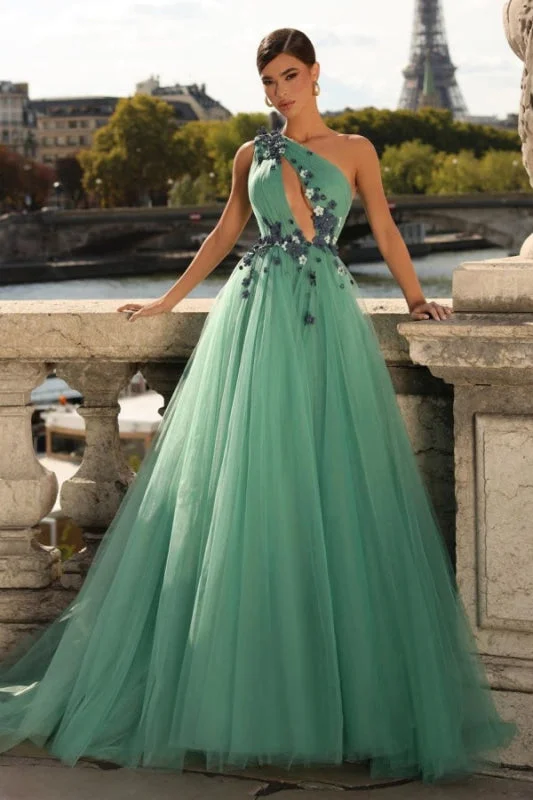 modest evening gown-One-Shoulder Green A-Line Prom Dress with V-Neck and Pleats