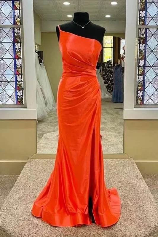 navy blue evening gown-One Shoulder Orange Prom Dresses