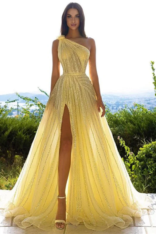 elegant evening wear-One Shoulder Prom Dress With Front Split - Daffodil Sequins