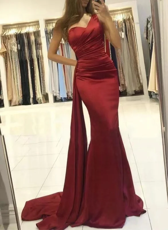 velvet long evening dress-One Shoulder Red Prom Dresses Slit