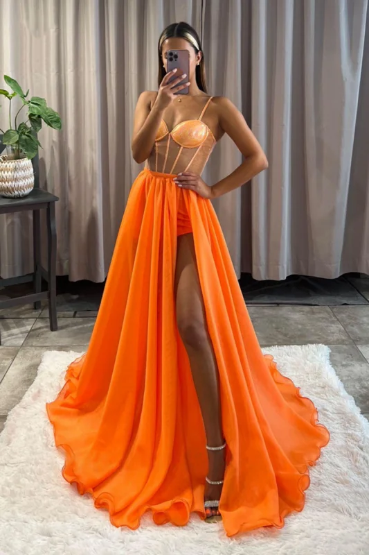 evening dress with embroidery-Orange High Split A-Line Spaghetti-Straps Long Prom Dress