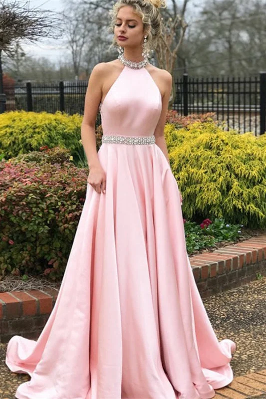 evening gown with sheer overlay-Pink Halter Sleeveless Beaded Mermaid Prom Dress