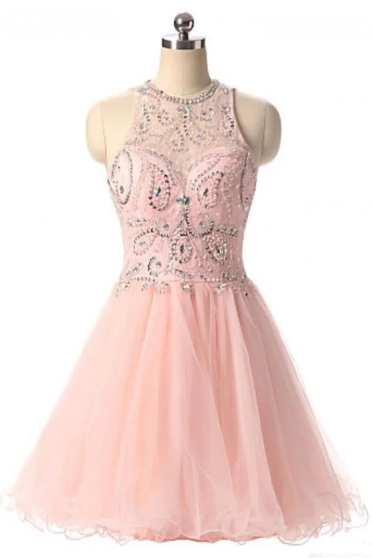 elegant white evening dress-Pink Jewel Tulle Homecoming Dresses with Open Back Beading Sleeveless Short Prom Dress