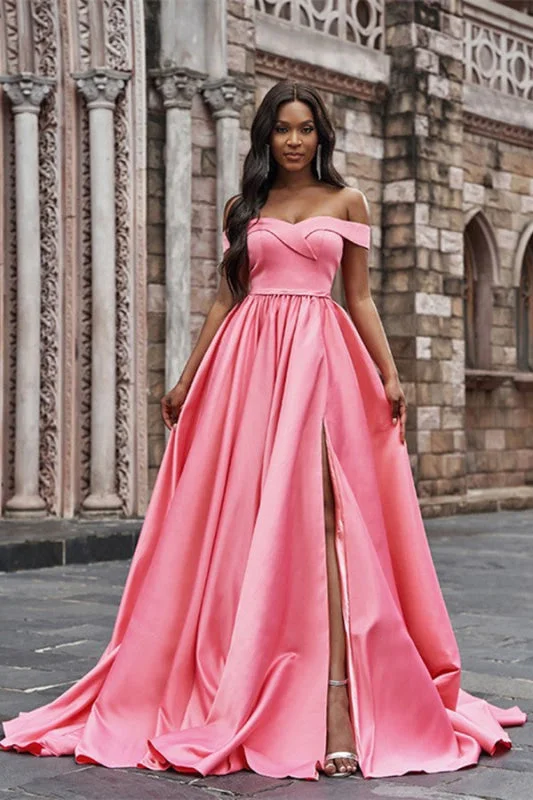 sleeveless tulle evening dress-Pink Off-the-Shoulder Long Prom Dress with Split