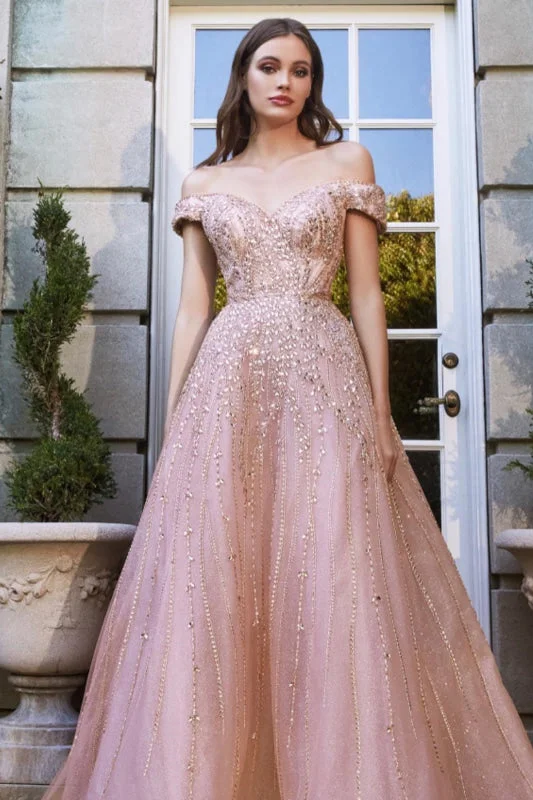 evening dress with sleeves and lace-Pink Off-the-Shoulder Sweetheart Beaded Prom Dress with Sequined Tulle