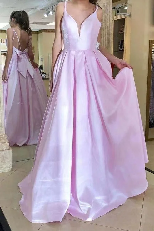 evening dress with embroidery-Pink Prom Dresses Double Straps with Bowknot