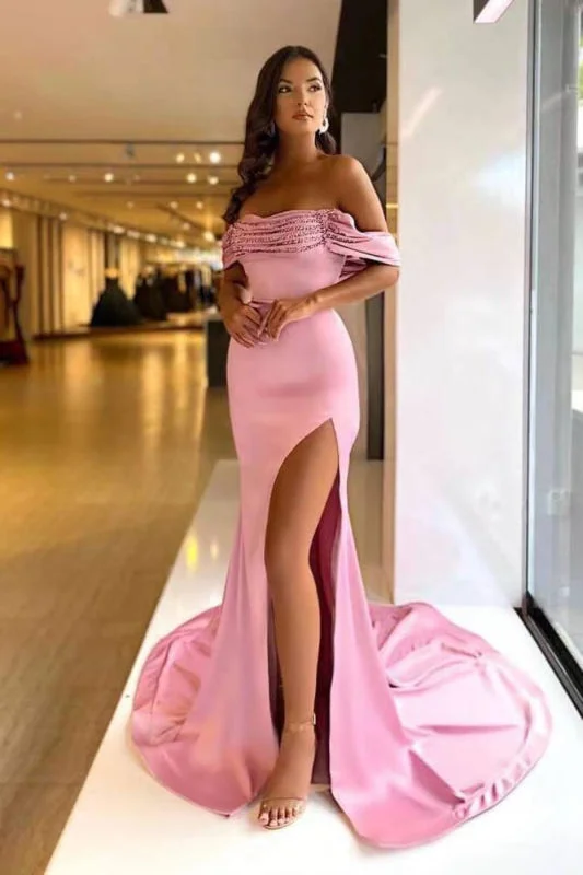 elegant evening attire-Pink Purple Off-the-Shoulder Beaded Mermaid Prom Dress with Split