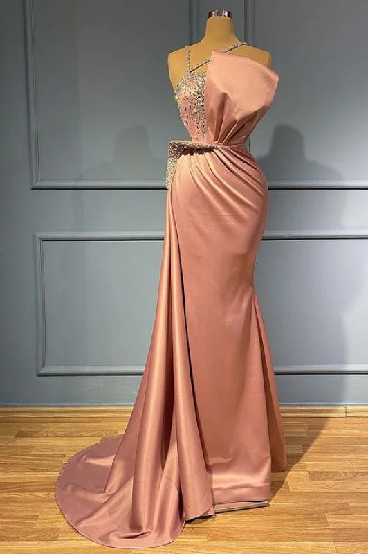 evening dress with fringe-Pink Sleeveless Spaghetti-Strap Beaded Mermaid Prom Dress with Ruffles