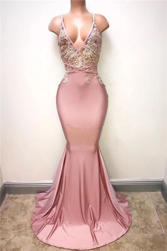 sleeveless tulle evening dress-Pink Spaghetti-Straps Mermaid Long Prom Dress with Lace Appliques