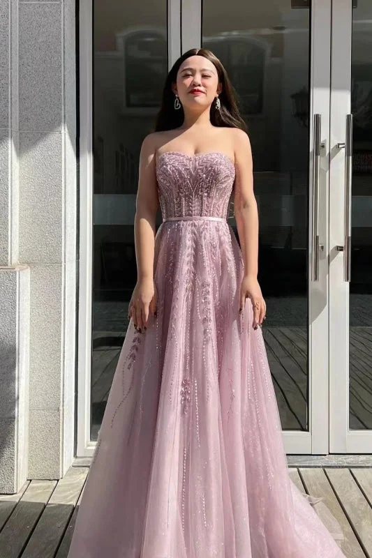 strapless evening dress-Pink Strapless Sweetheart Long A-Line Prom Dress with Sequins and Beadings