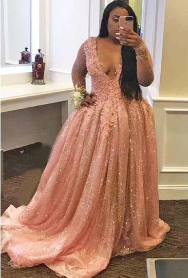 bodycon evening dress-Plus Size Long Prom Dresses with Full Sleeves