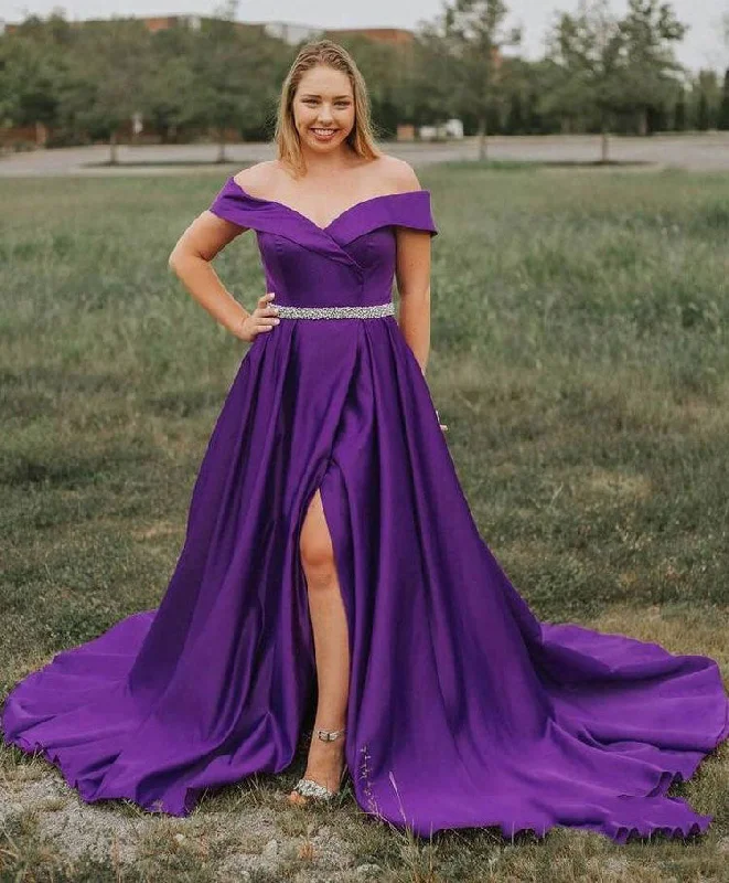 high slit evening dress-Plus Size Off the Shoulder Purple Prom Dresses with Slit Side